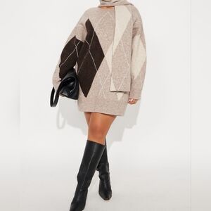 Fashion Nova Geometric Knit Sweater Dress - Brown and Cream